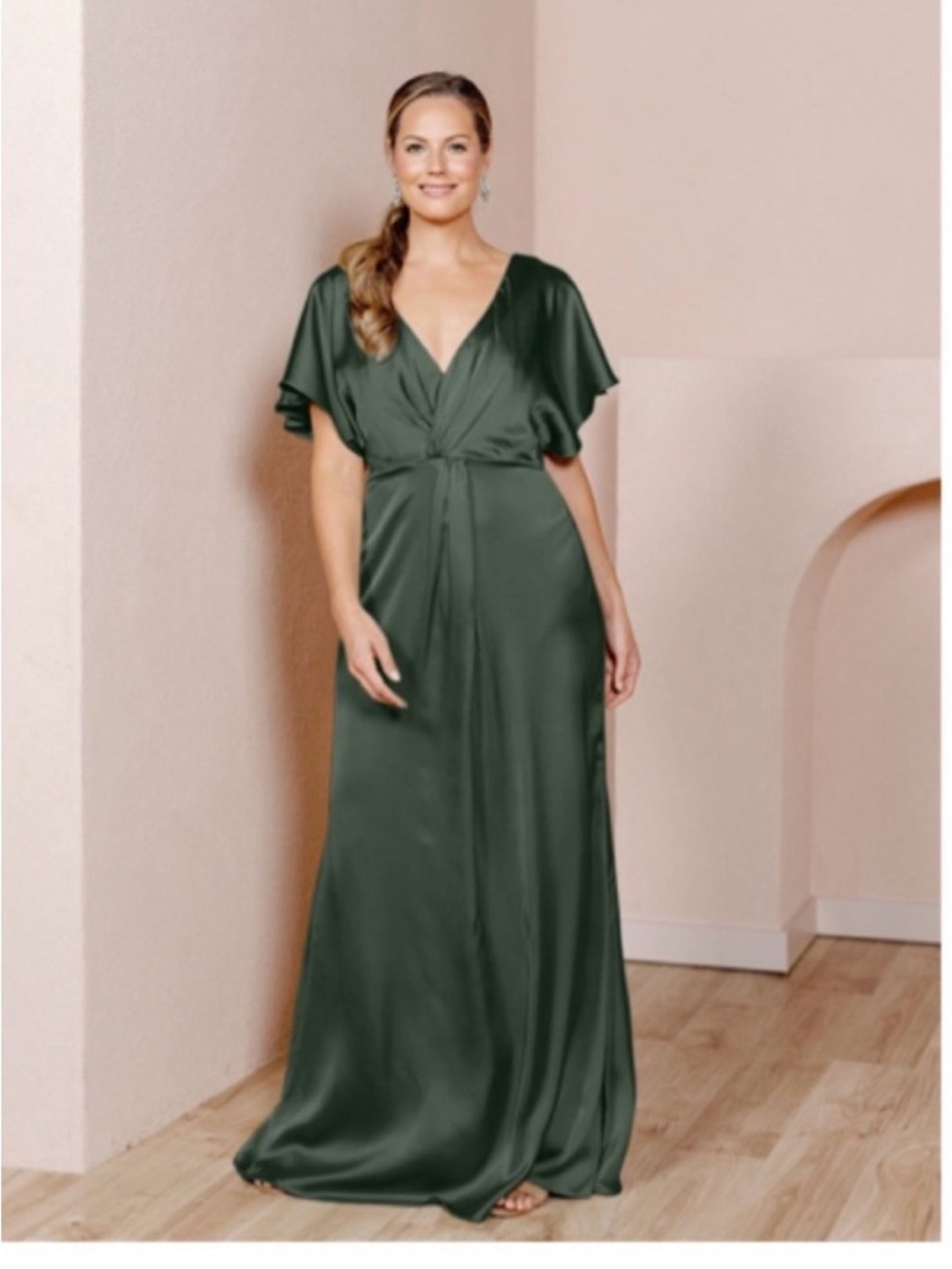 Revelry Olive Green Satin V-Neck Maxi with Tie Waist